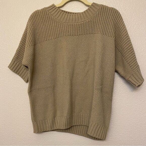 Blair Shaker Stitch Dolman Sweater crew neck short sleeve beige tan size M - Picture 2 of 8